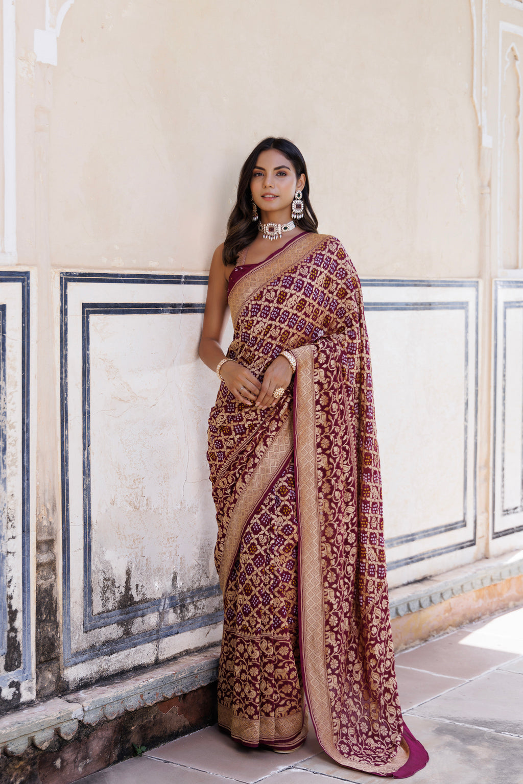 Purple Handwoven Gharchola Bandhani Pure Georgette Saree