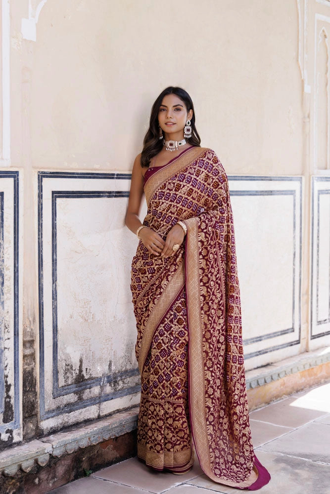 Purple Handwoven Gharchola Bandhani Pure Georgette Saree