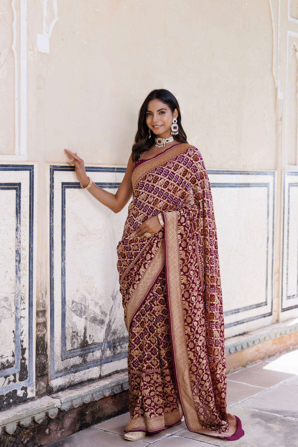Purple Handwoven Gharchola Bandhani Pure Georgette Saree