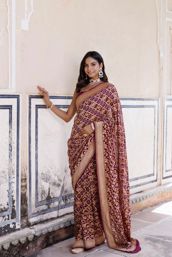 Purple Handwoven Gharchola Bandhani Pure Georgette Saree