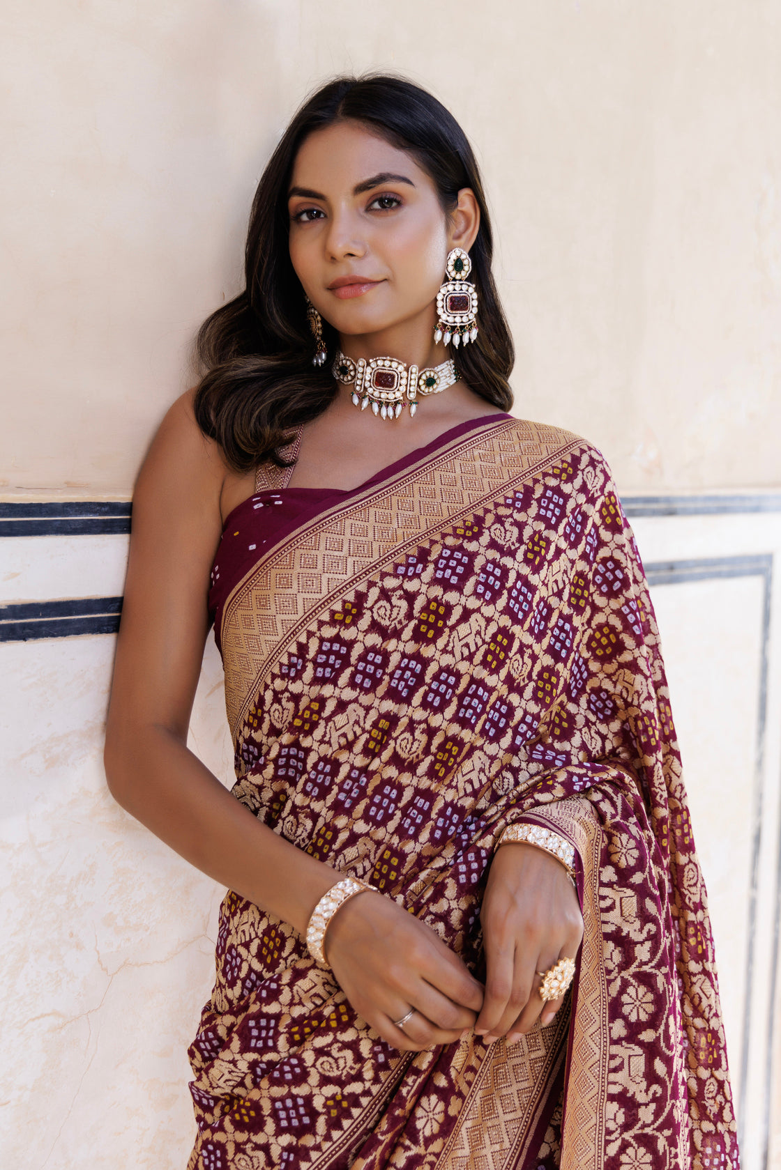 Purple Handwoven Gharchola Bandhani Pure Georgette Saree