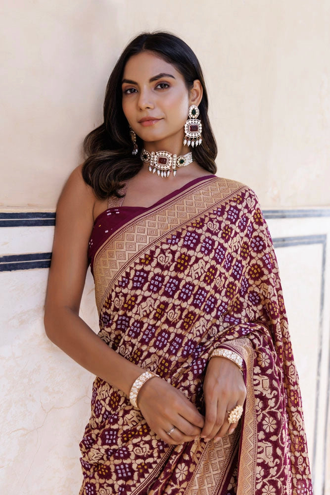 Purple Handwoven Gharchola Bandhani Pure Georgette Saree