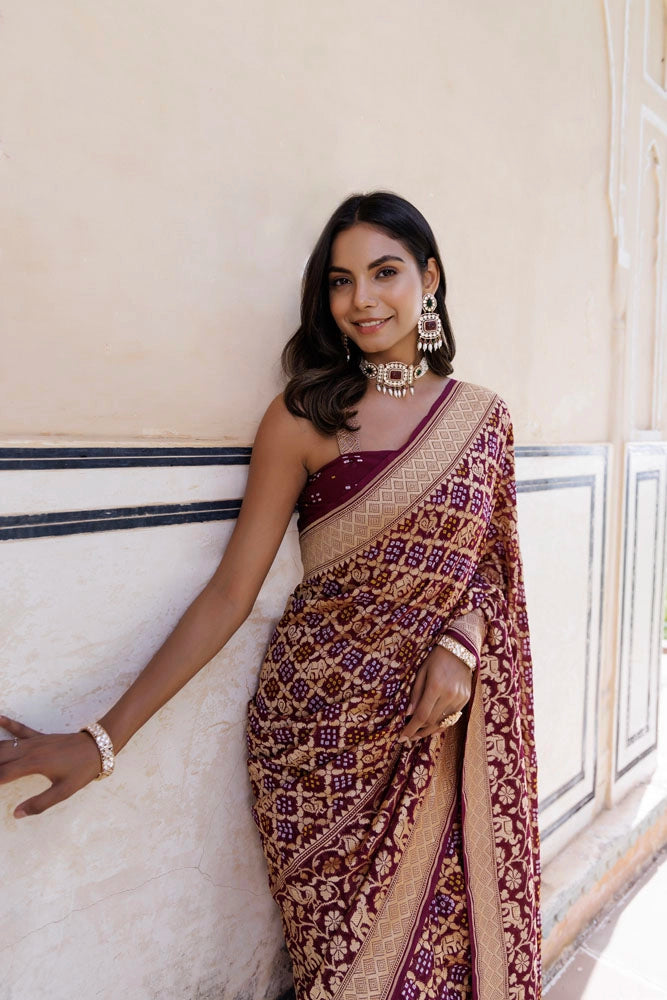 Purple Handwoven Gharchola Bandhani Pure Georgette Saree