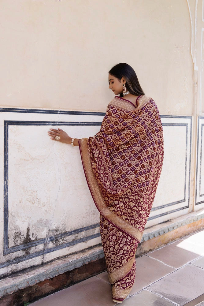 Purple Handwoven Gharchola Bandhani Pure Georgette Saree