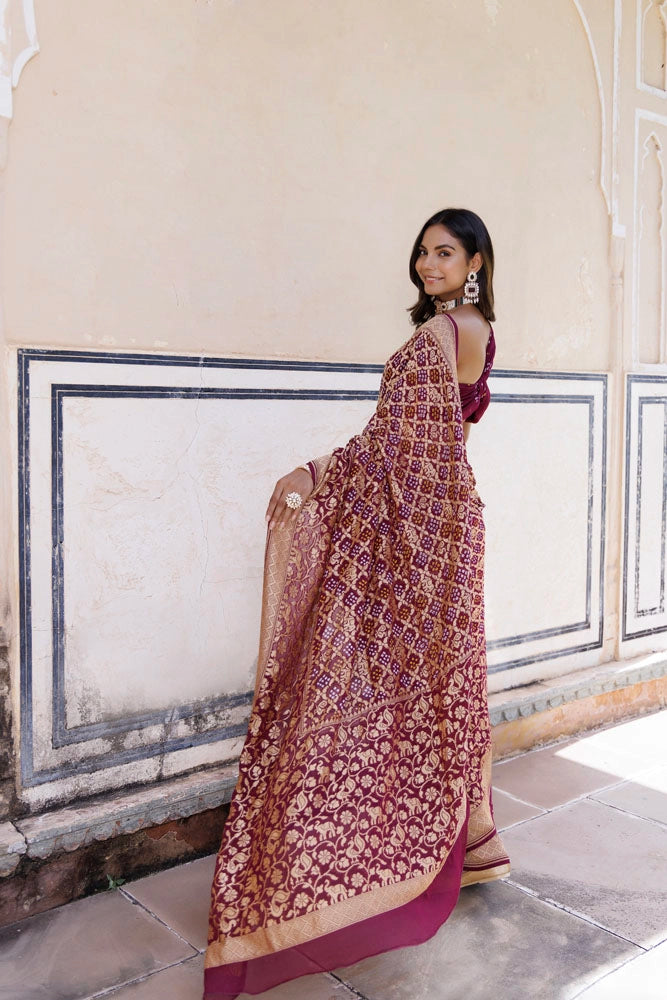 Purple Handwoven Gharchola Bandhani Pure Georgette Saree