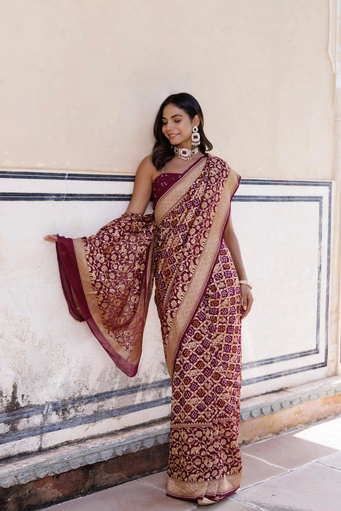 Purple Handwoven Gharchola Bandhani Pure Georgette Saree