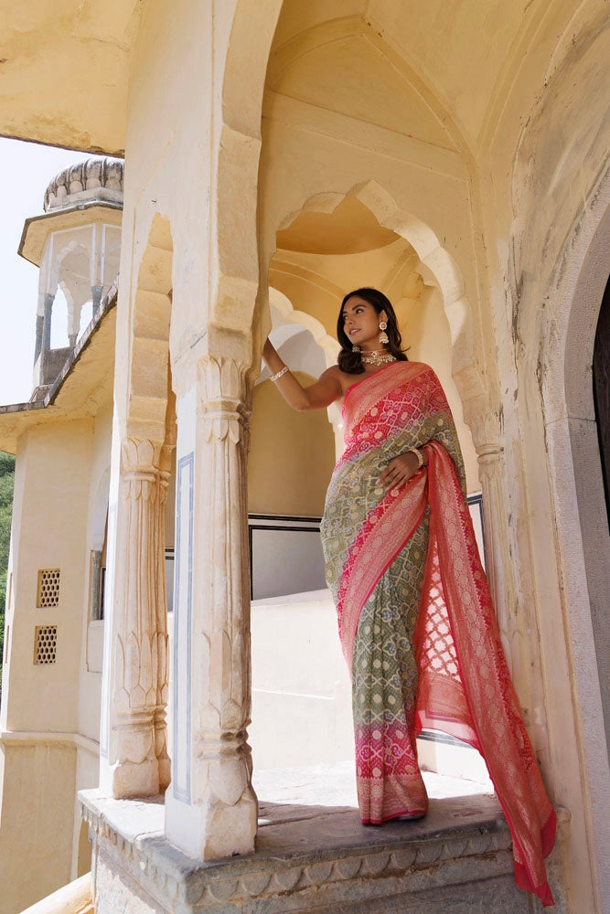 Pink Green Handwoven Gharchola Bandhani Pure Georgette Saree