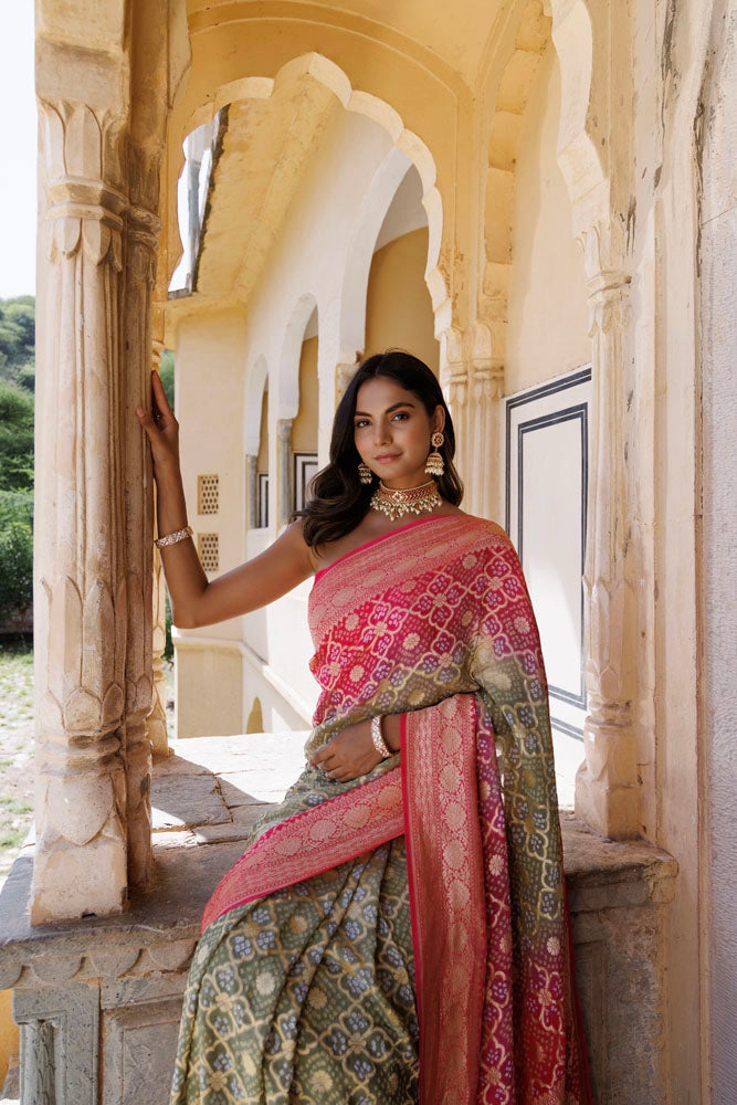 Pink Green Handwoven Gharchola Bandhani Pure Georgette Saree