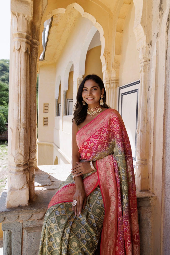 Pink Green Handwoven Gharchola Bandhani Pure Georgette Saree