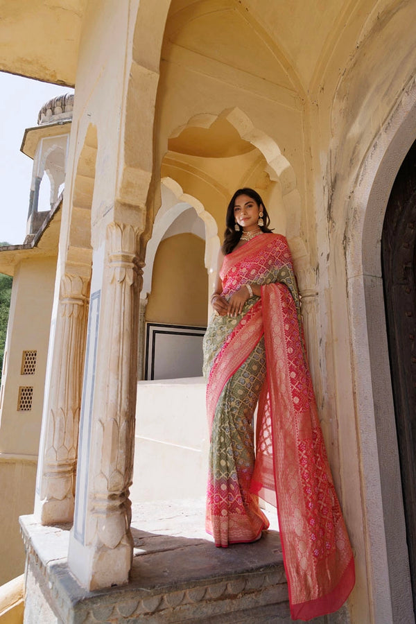 Pink Green Handwoven Gharchola Bandhani Pure Georgette Saree