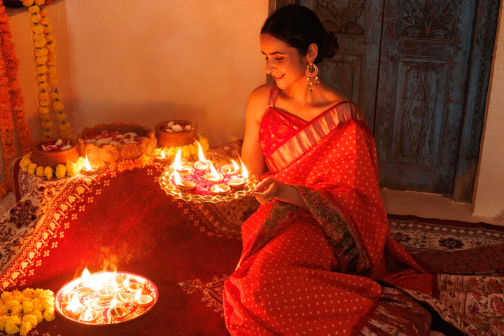 Maroon-Orange Zari Woven Bandhani Pure Silk Saree