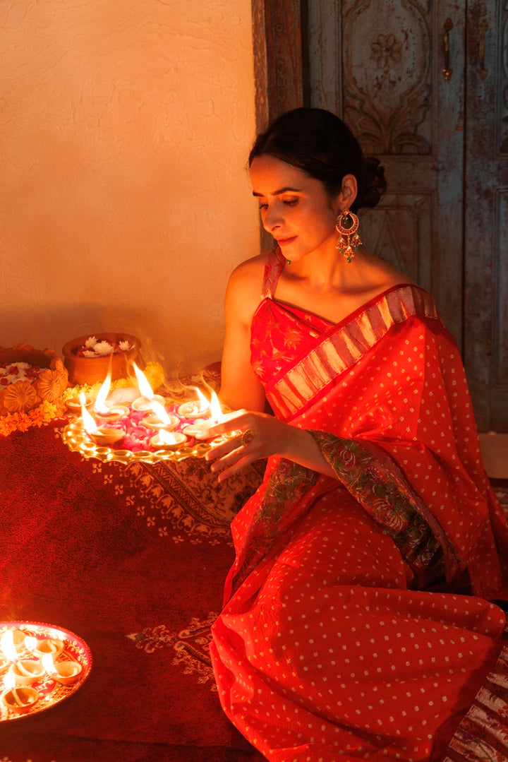 Maroon-Orange Zari Woven Bandhani Pure Silk Saree
