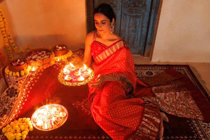 Maroon-Orange Zari Woven Bandhani Pure Silk Saree