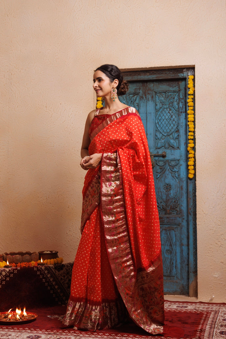 Maroon-Orange Zari Woven Bandhani Pure Silk Saree