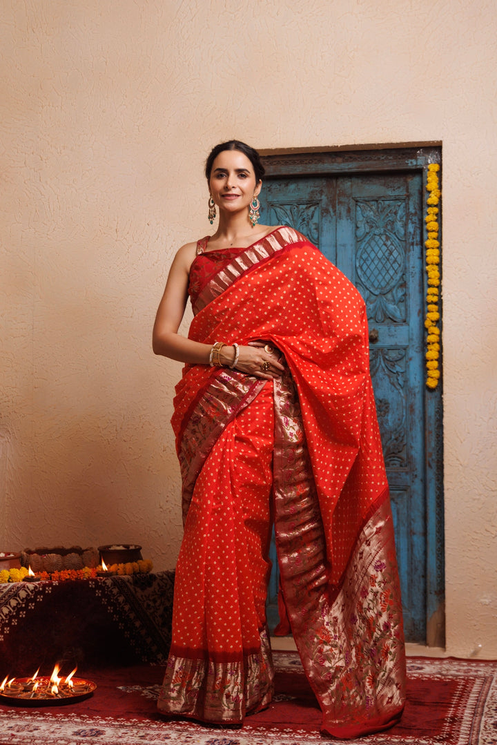 Maroon-Orange Zari Woven Bandhani Pure Silk Saree