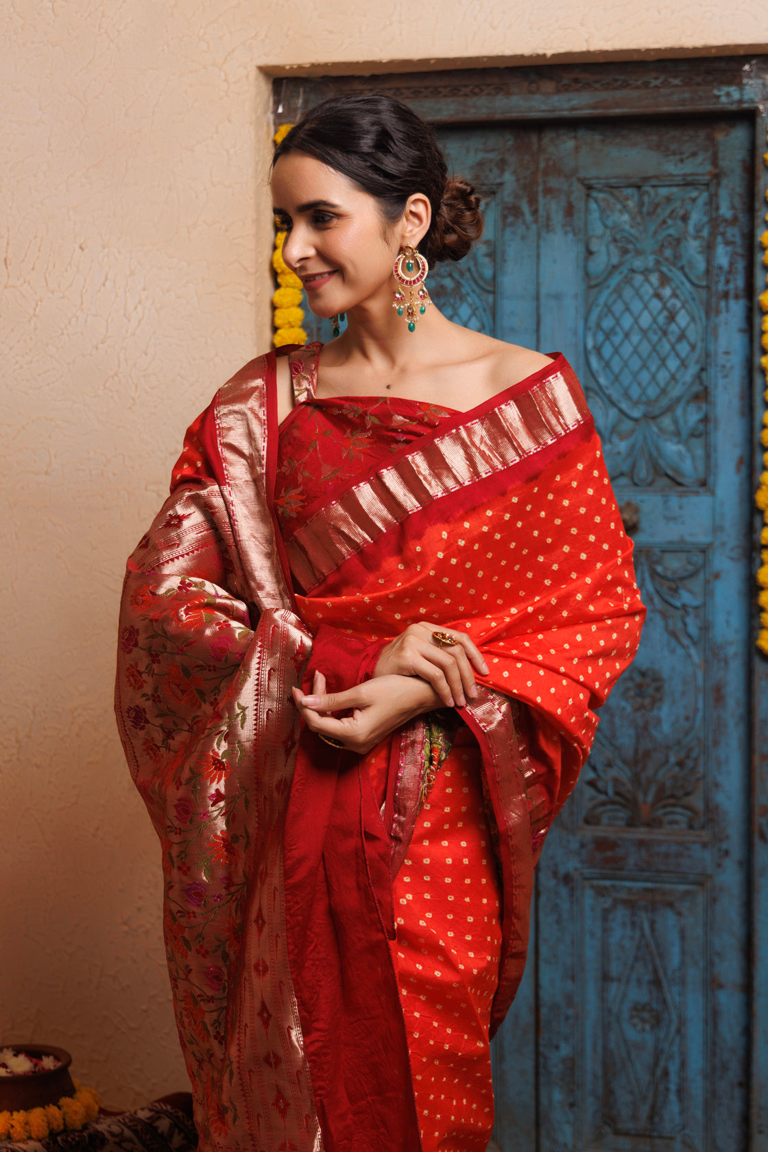 Maroon-Orange Zari Woven Bandhani Pure Silk Saree