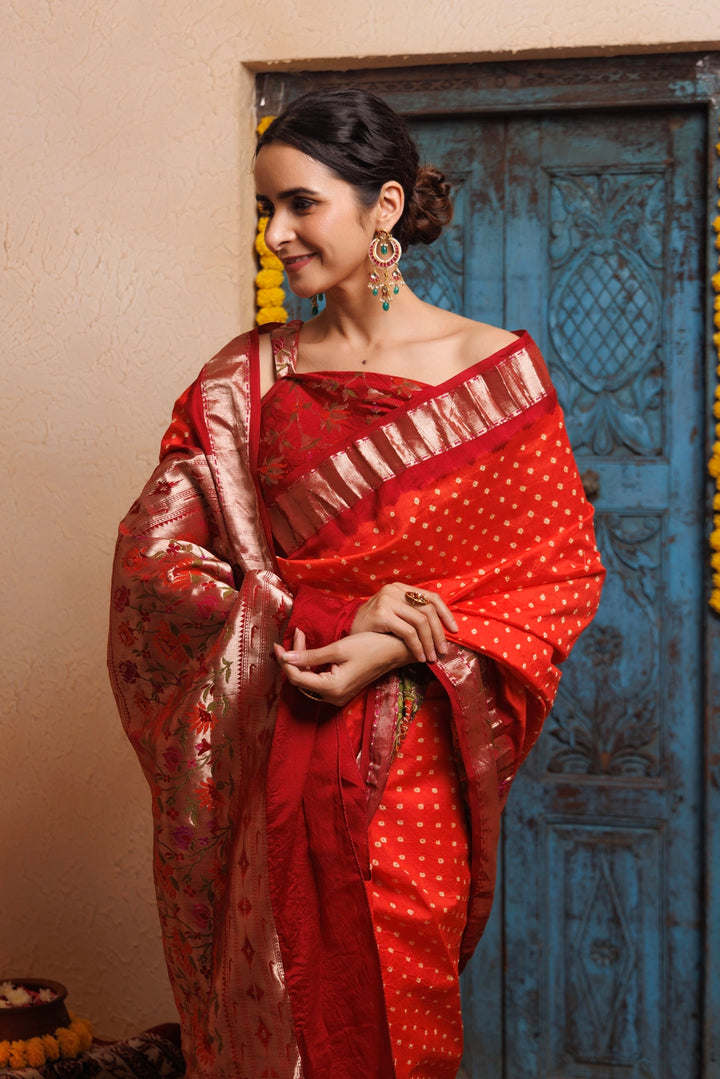 Maroon-Orange Zari Woven Bandhani Pure Silk Saree