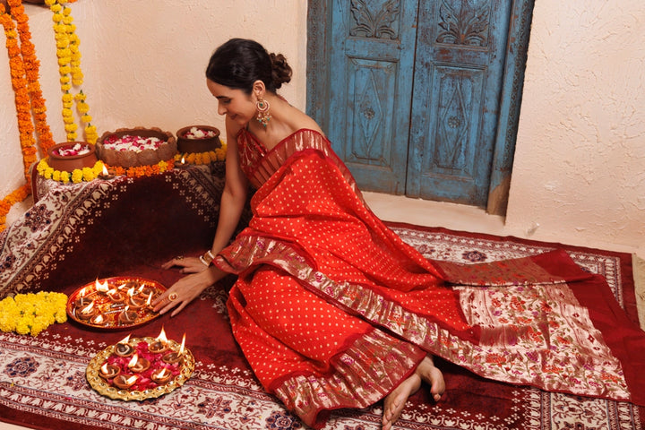 Maroon-Orange Zari Woven Bandhani Pure Silk Saree