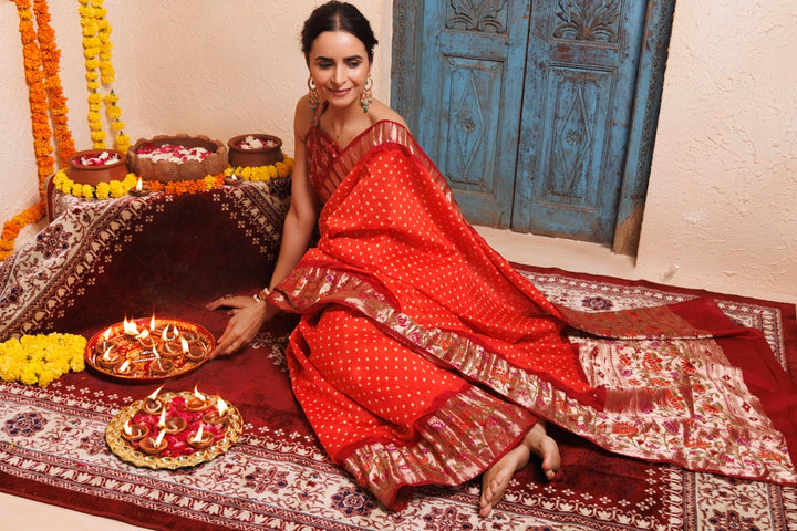Maroon-Orange Zari Woven Bandhani Pure Silk Saree