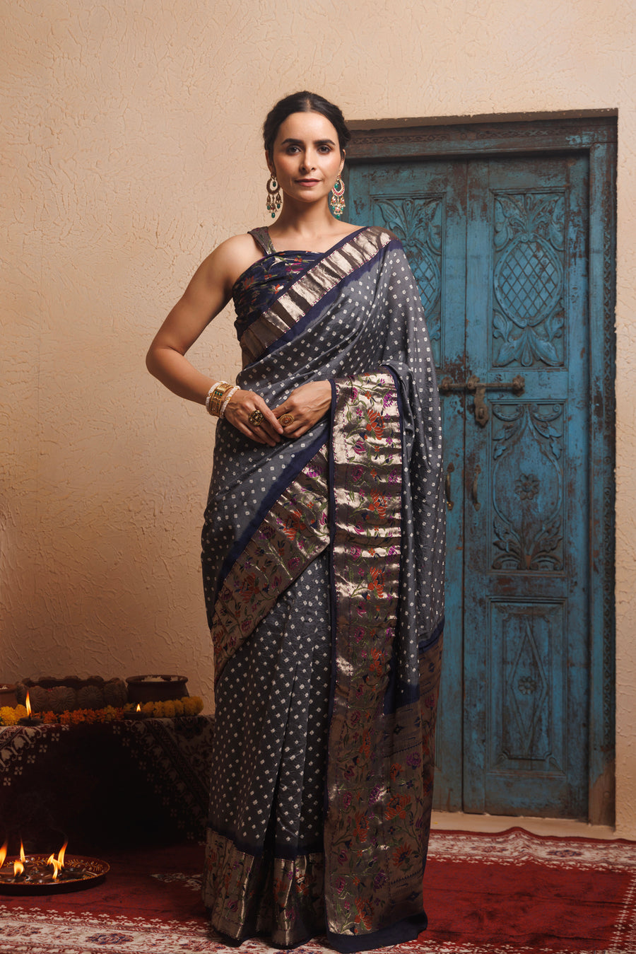 Grey-Blue zari Woven Bandhani Pure Silk Saree