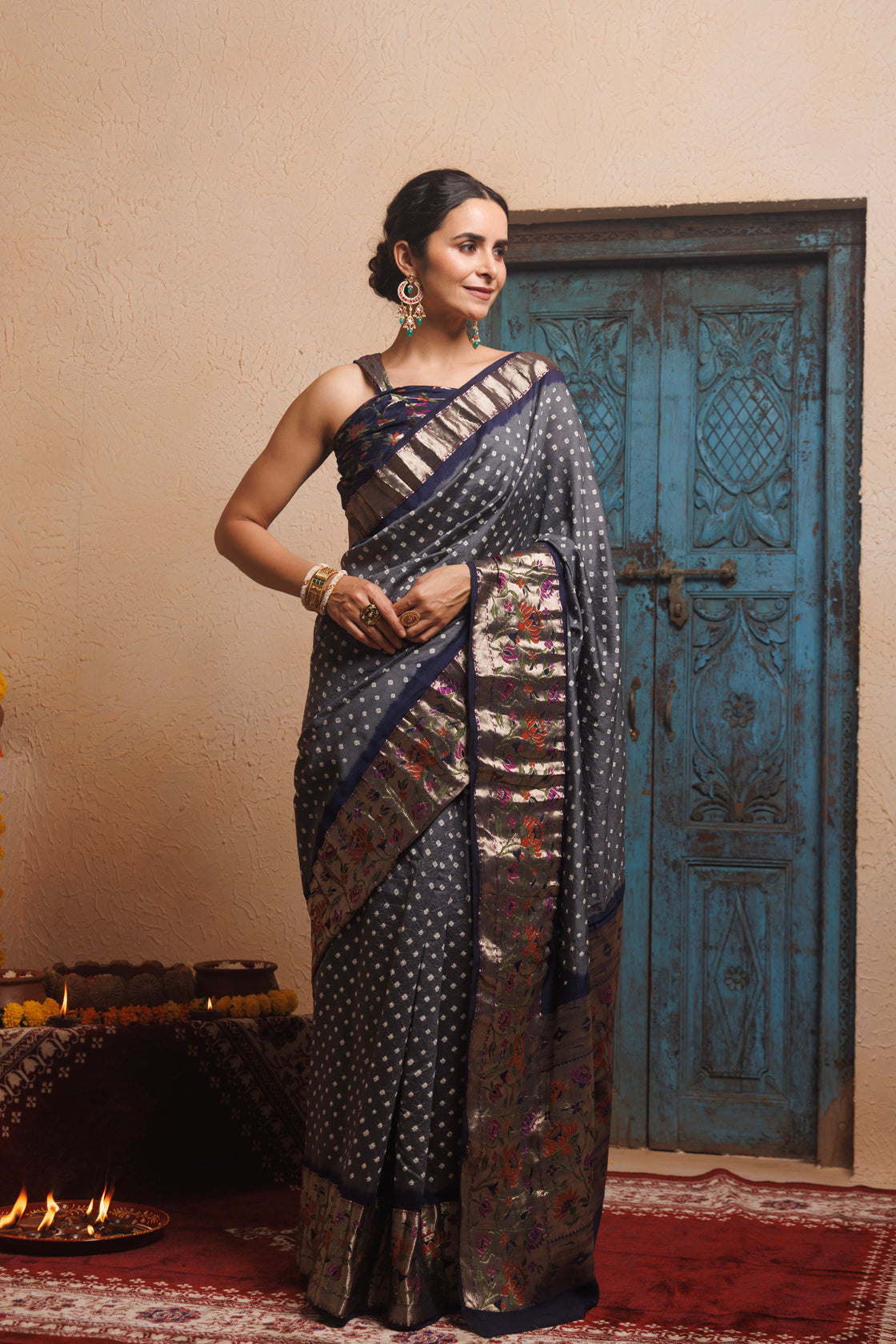 Grey-Blue zari Woven Bandhani Pure Silk Saree