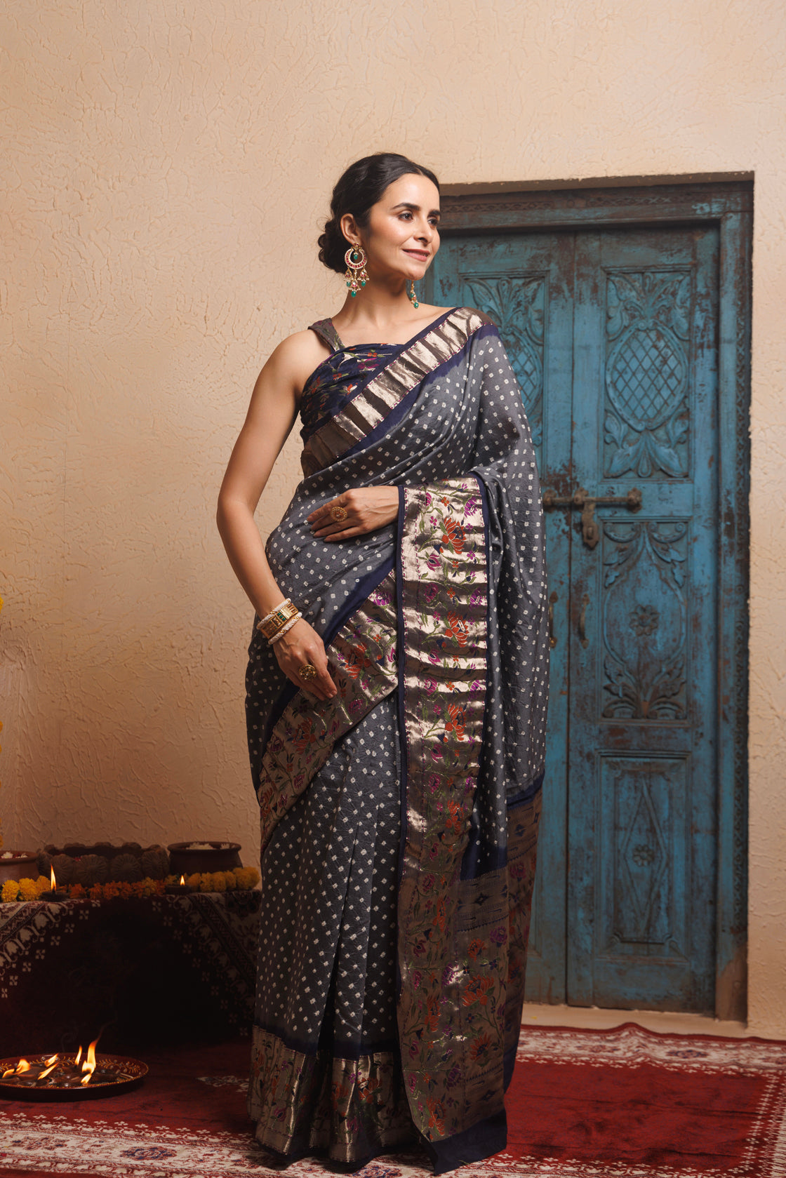 Grey-Blue zari Woven Bandhani Pure Silk Saree
