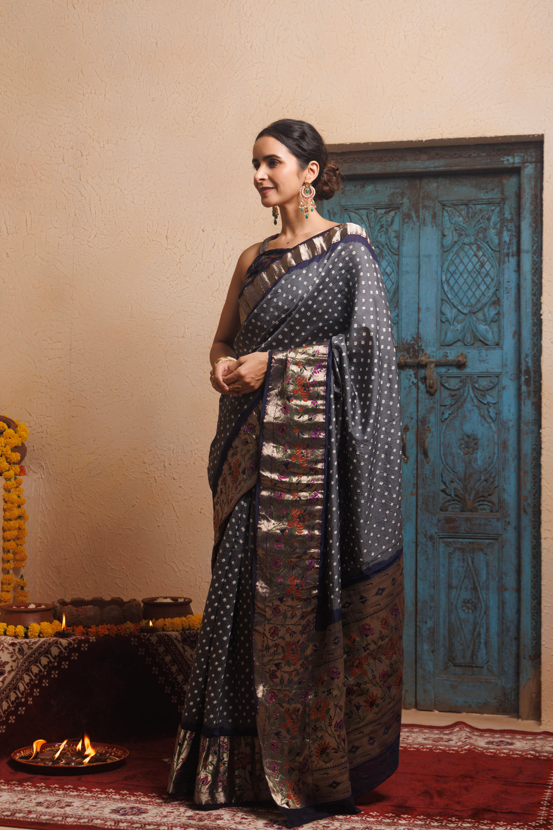 Grey-Blue zari Woven Bandhani Pure Silk Saree
