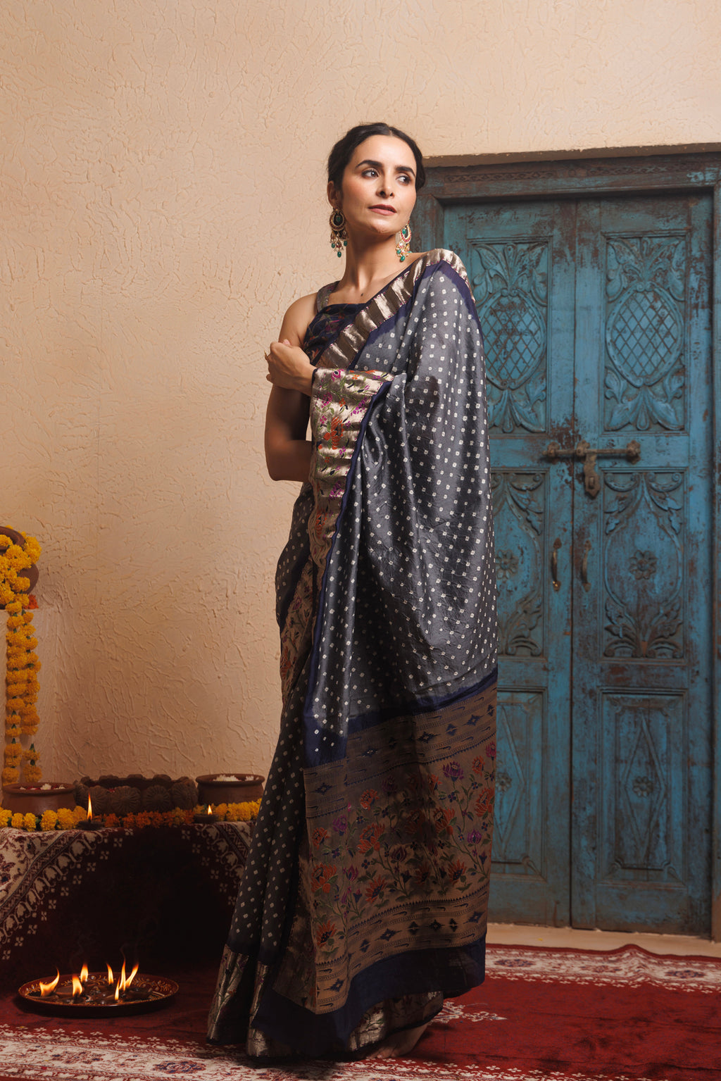 Grey-Blue zari Woven Bandhani Pure Silk Saree