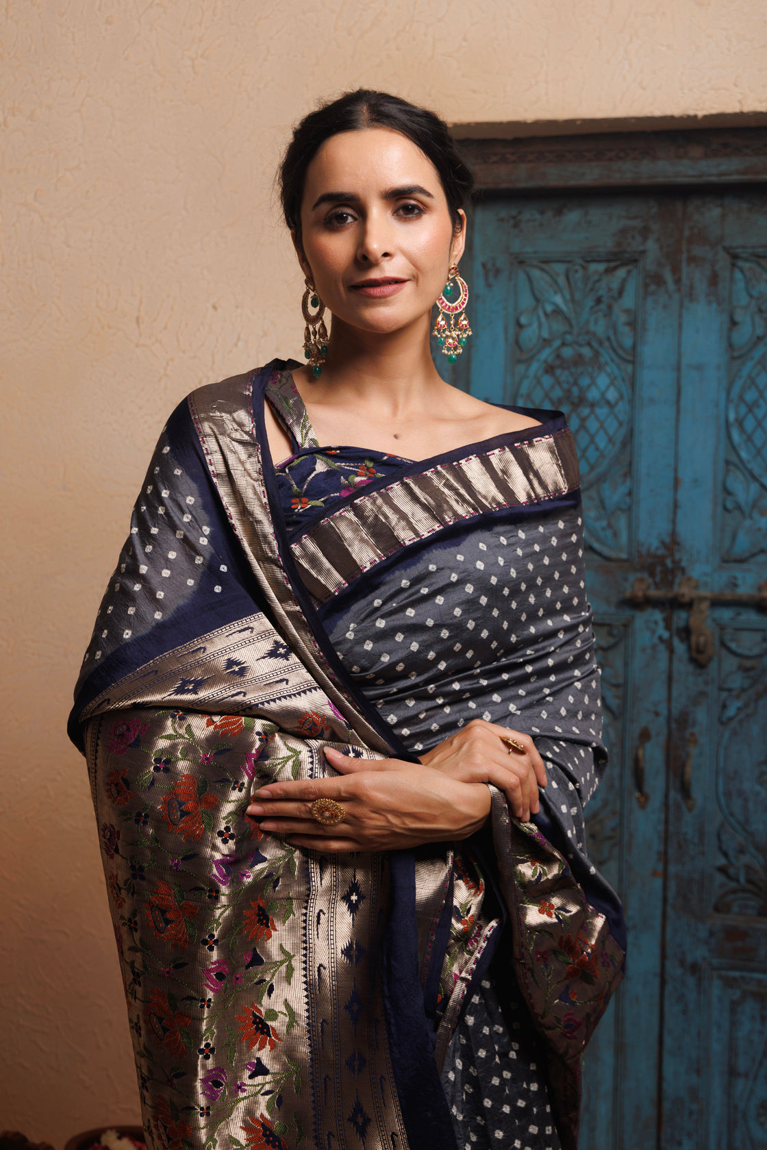 Grey-Blue zari Woven Bandhani Pure Silk Saree