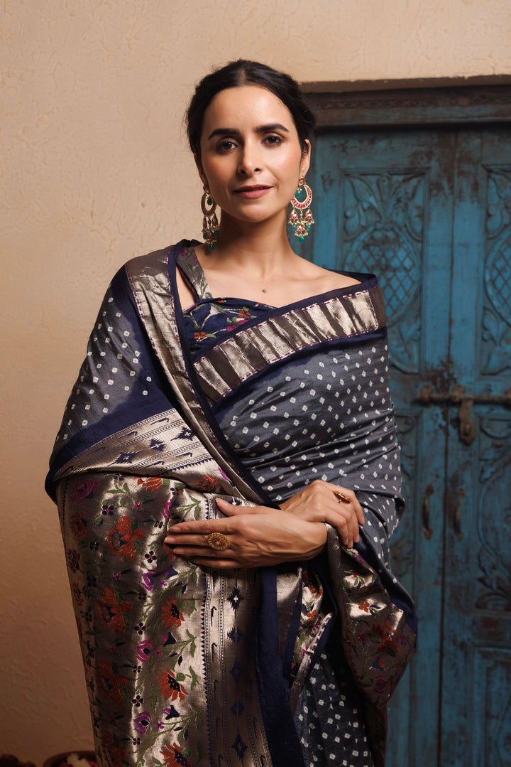 Grey-BlueZari Woven Bandhani Pure Silk Saree