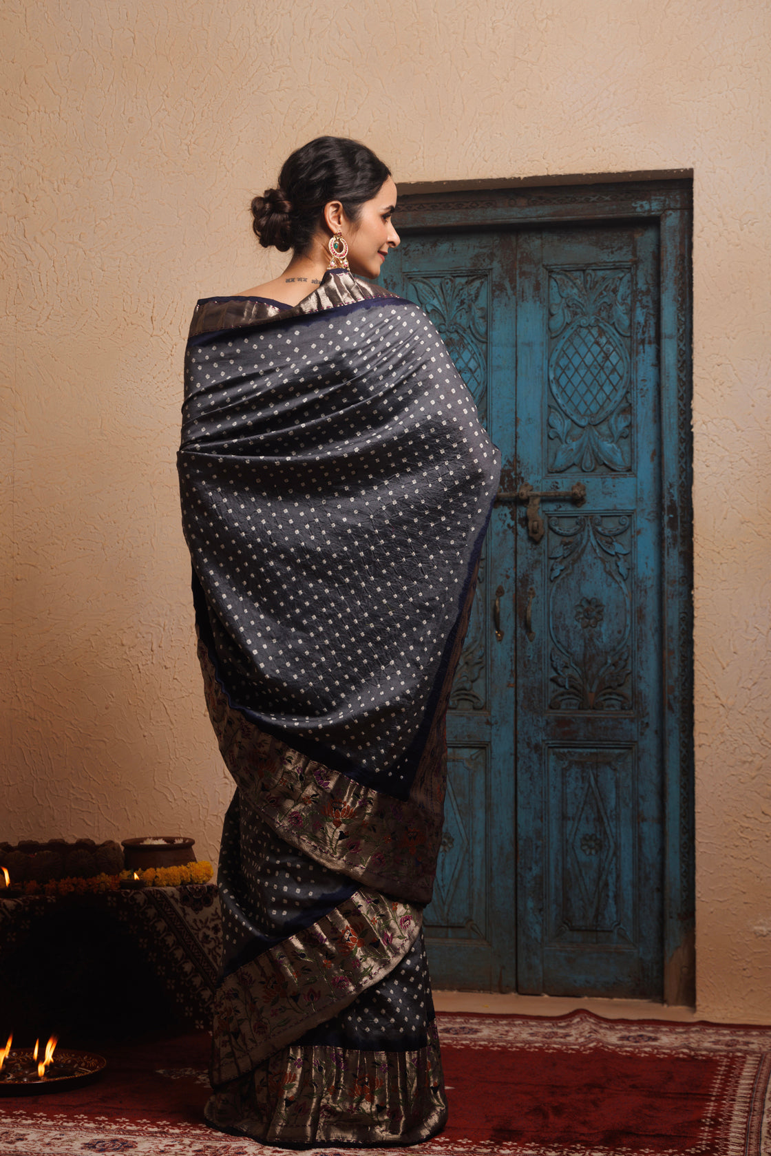 Grey-Blue zari Woven Bandhani Pure Silk Saree