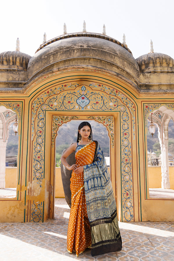 Mustard & Blue Bandhani Silk Saree With Ajrakh Zari Pallu