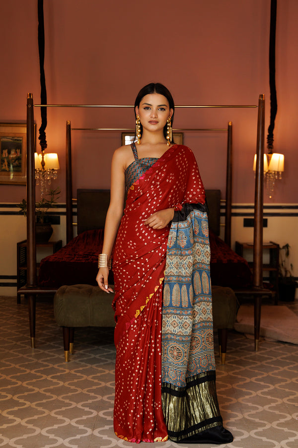 Red & Blue Bandhani Silk Saree With Ajrakh Zari Pallu