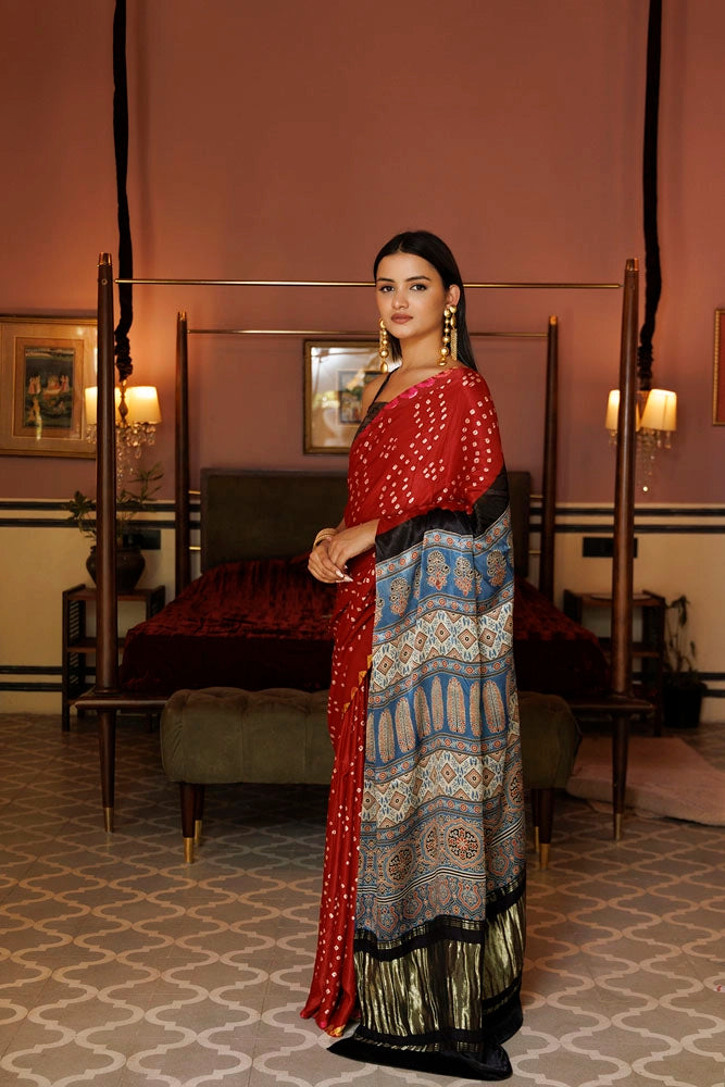 Red & Blue Handwoven Ajrakh Bandhani Modal Silk Saree