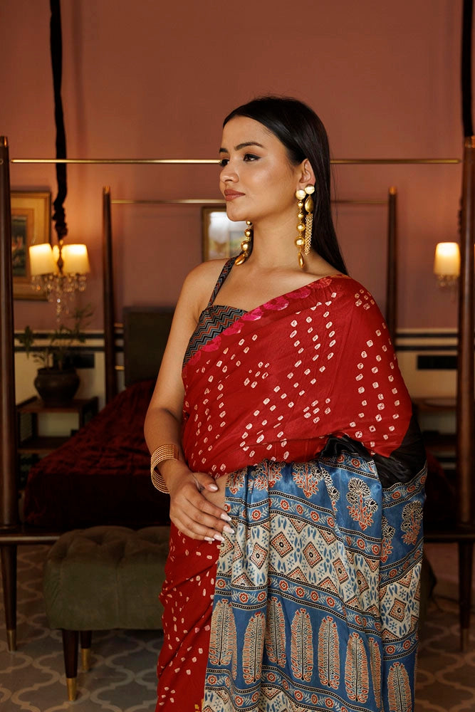 Red & Blue Handwoven Ajrakh Bandhani Modal Silk Saree