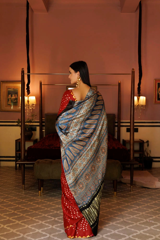 Red & Blue Handwoven Ajrakh Bandhani Modal Silk Saree