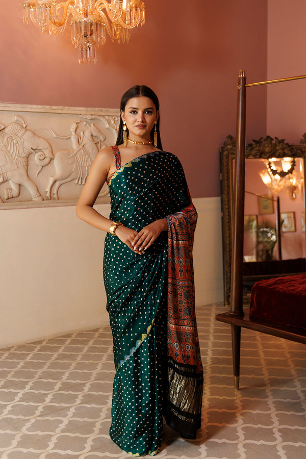 Green & Rust  Bandhani Silk Saree With Ajrakh Zari Pallu