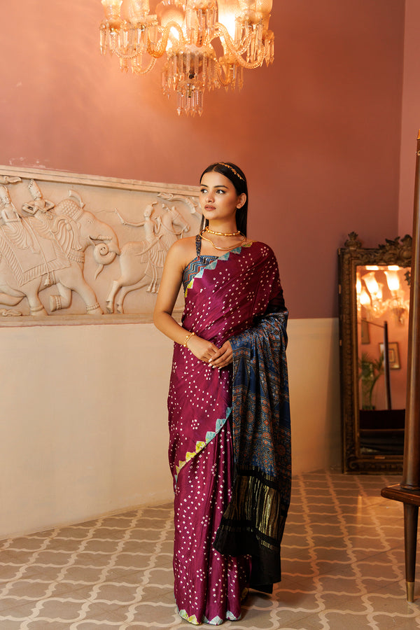 Purple & Blue Bandhani Silk Saree With Ajrakh Zari Pallu