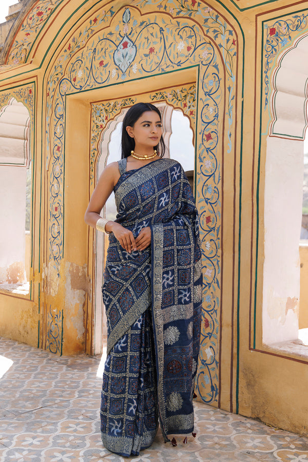 Blue-Indigo Gharchola Ajrakh Handblock Print Zari Silk Saree