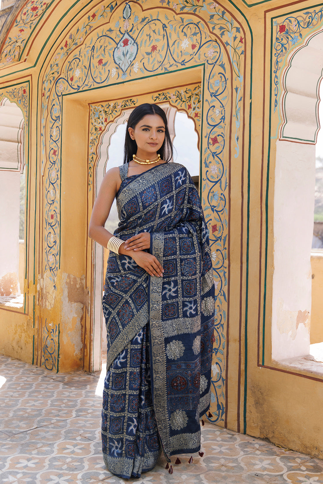 Blue-indigo Gharchola Ajrakh Handblock Print Zari Silk Saree – Geroo Jaipur