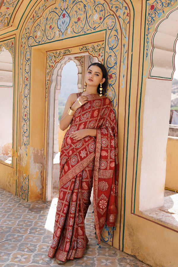 Red Gharchola Ajrakh Handblock Print Zari Silk Saree