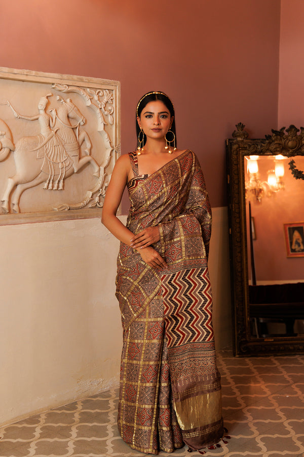 Light Brown Gharchola Ajrakh Handblock Print Zari Silk Saree