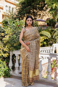 Peanut Ajrakh Handblock Bandhani Silk Saree With Zari Gharchola Pallu