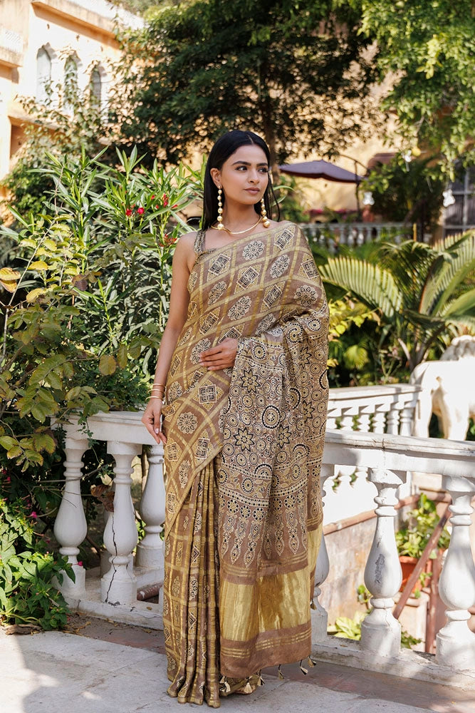 Peanut Ajrakh Handblock Bandhani Silk Saree With Zari Gharchola Pallu