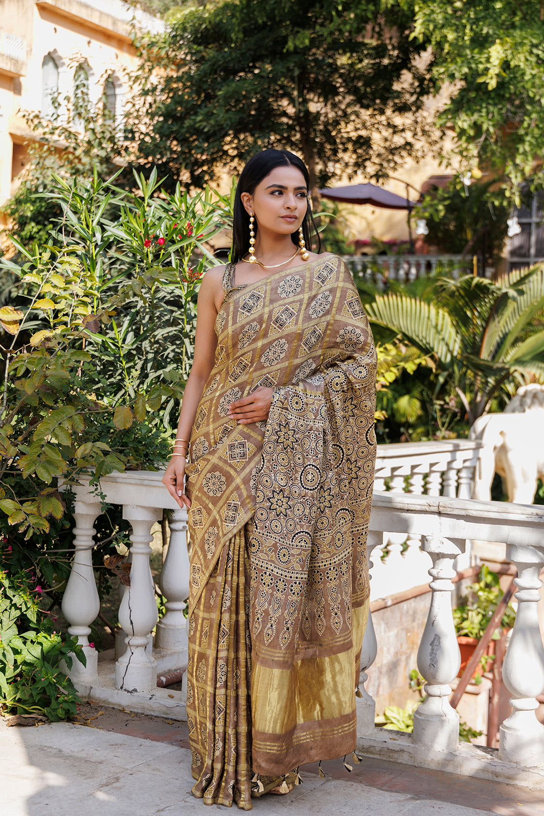 Peanut Ajrakh Handblock Bandhani Silk Saree With Zari Gharchola Pallu