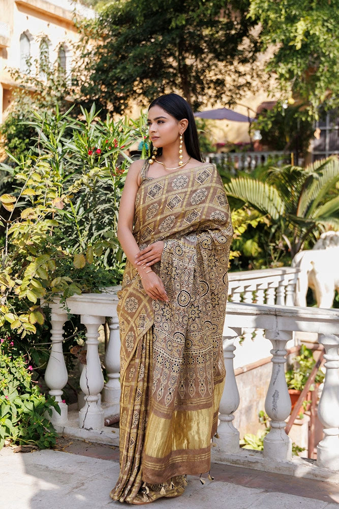 Peanut Ajrakh Handblock Bandhani Silk Saree With Zari Gharchola Pallu
