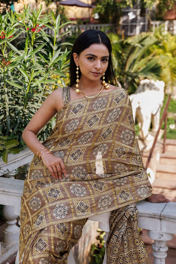 Peanut Ajrakh Handblock Bandhani Silk Saree With Zari Gharchola Pallu