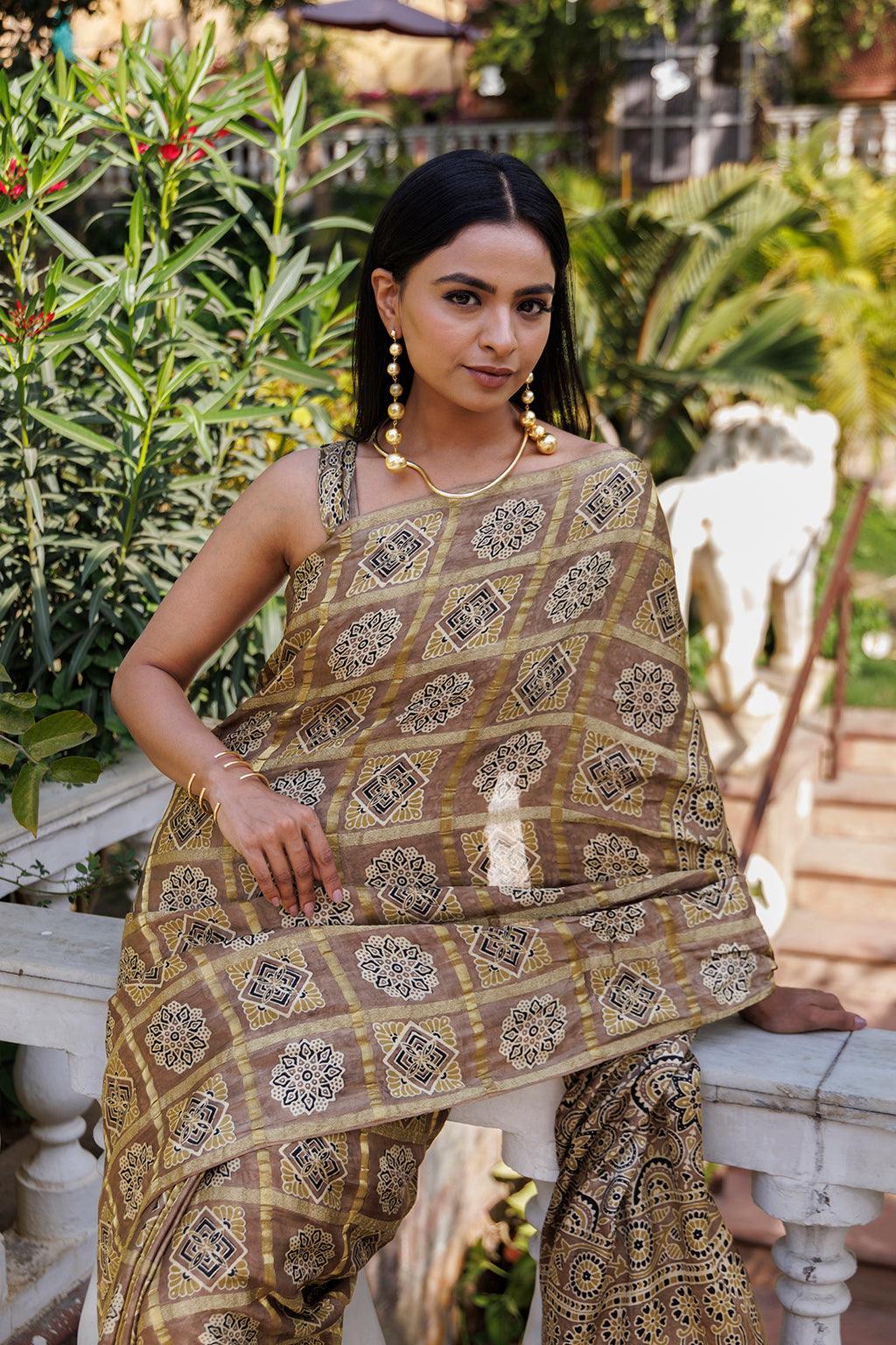Peanut Ajrakh Handblock Bandhani Silk Saree With Zari Gharchola Pallu