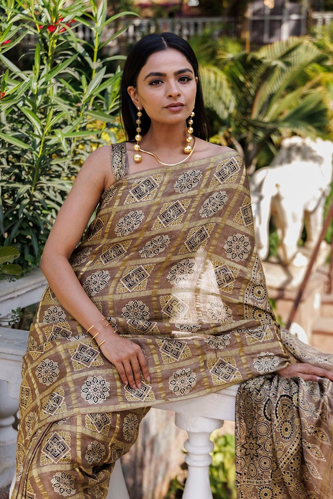 Peanut Ajrakh Handblock Bandhani Silk Saree With Zari Gharchola Pallu