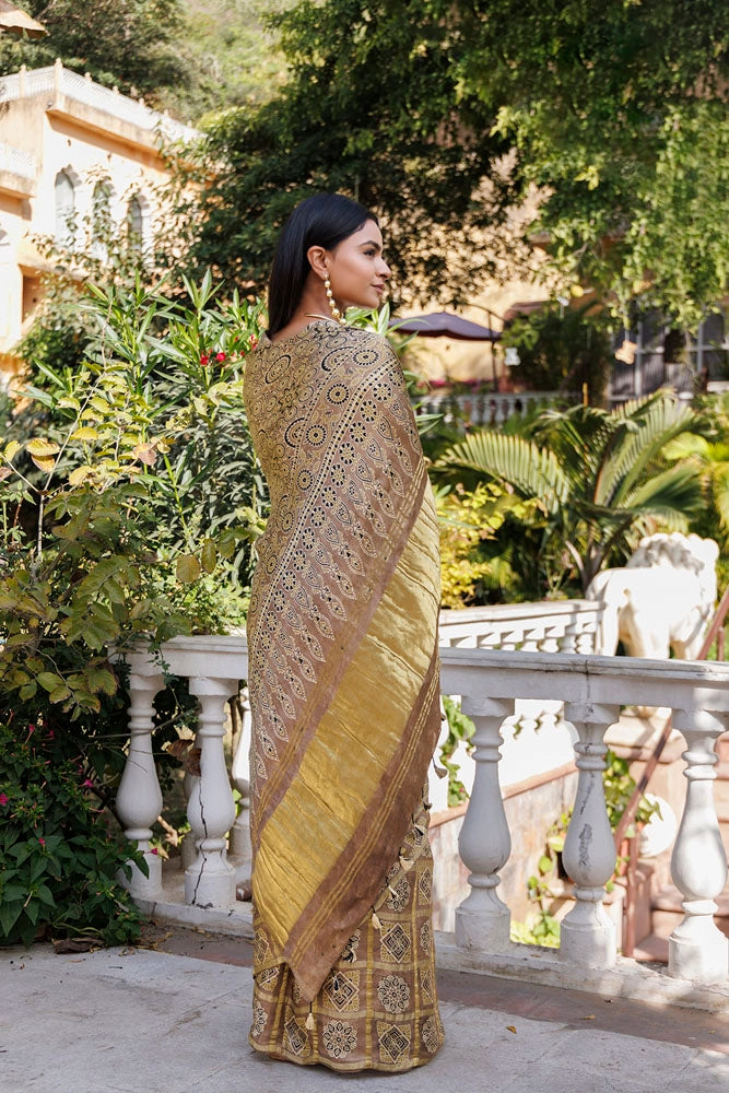 Peanut Ajrakh Handblock Bandhani Silk Saree With Zari Gharchola Pallu